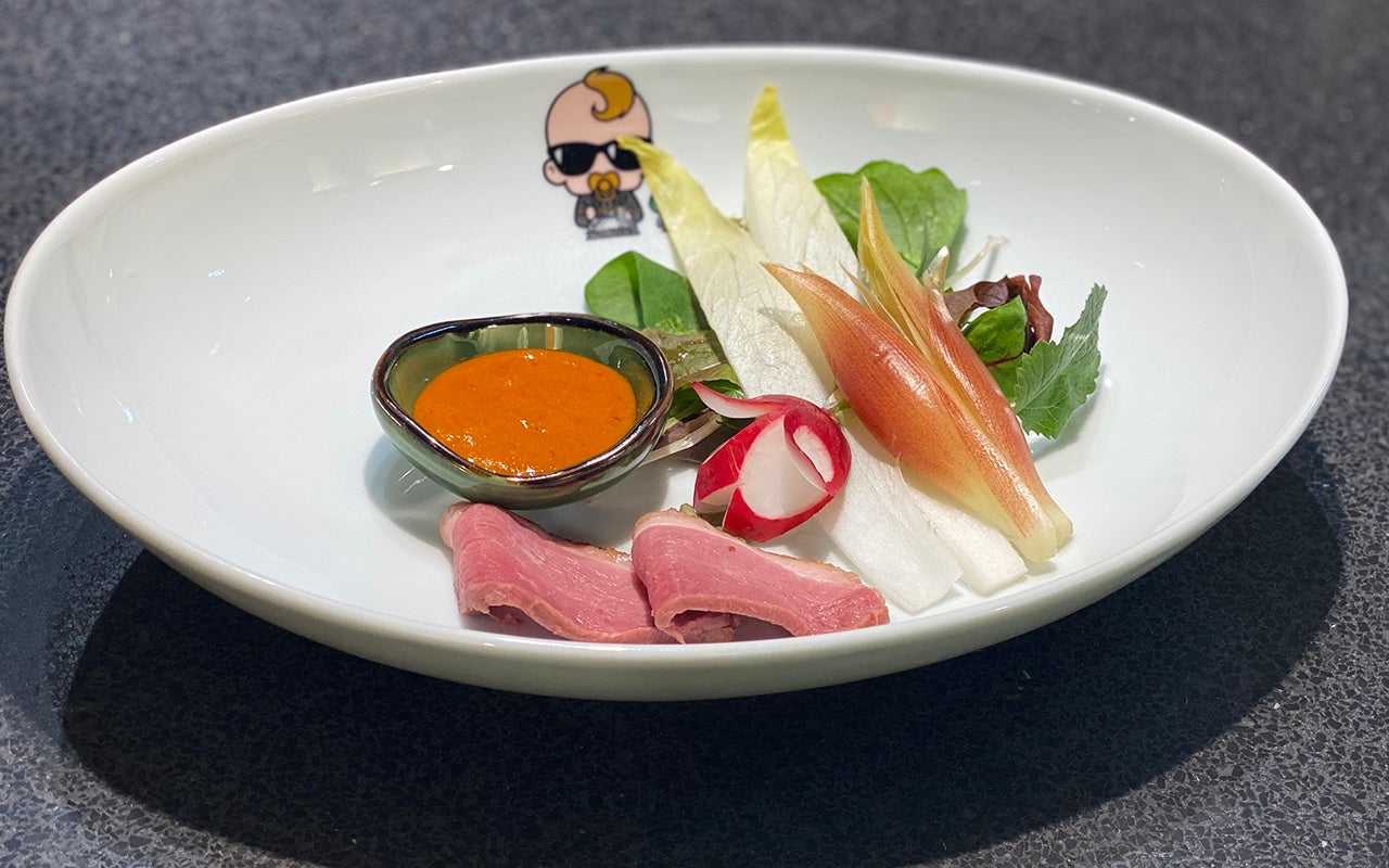 いろどり野菜と鴨ロース　～雲丹ソース添え～