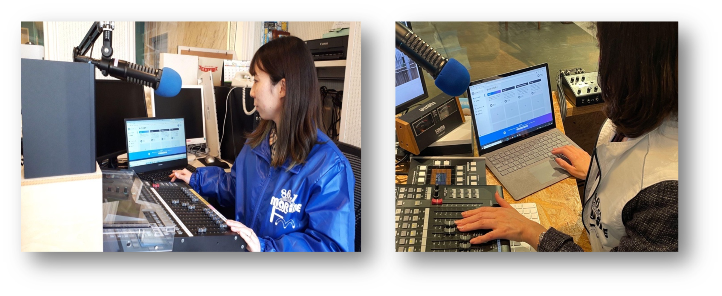 ＜写真＞左）マリンエフエムのメイン スタジオ（本局）における Virtual Talking Head 利用シーン、右）マリンエフエムのサテライト スタジオにおける Virtual Talking Head 利用シーン