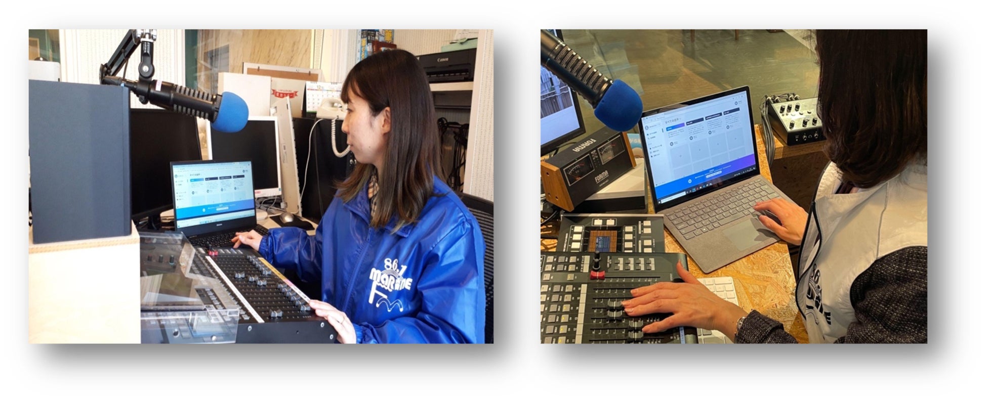 <写真>左)マリンエフエムのメイン スタジオ(本局)における Virtual Talking Head 利用シーン、右)マリンエフエムのサテライト スタジオにおける Virtual Talking Head 利用シーン
