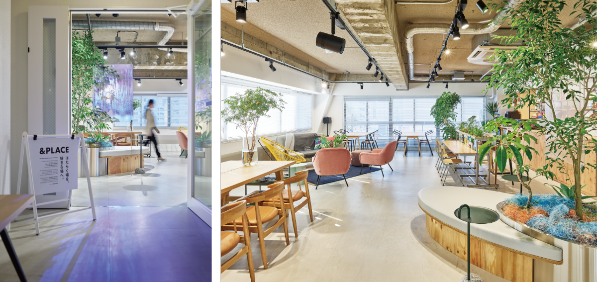 ▲滝の映像と水流の音で演出下エントランス。グリーン、アロマ、五感で楽しめる工夫をちりばめています。