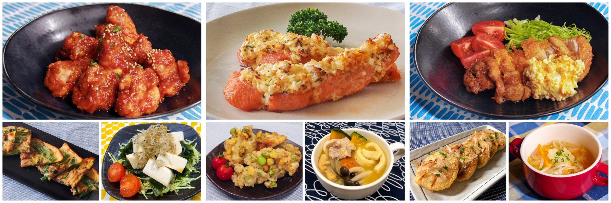 メニューの一例。「辛くないヤンニョムチキン（辛みフレーク付き）」「具沢山カボチャほうとう」「長芋のほくほくステーキ」など