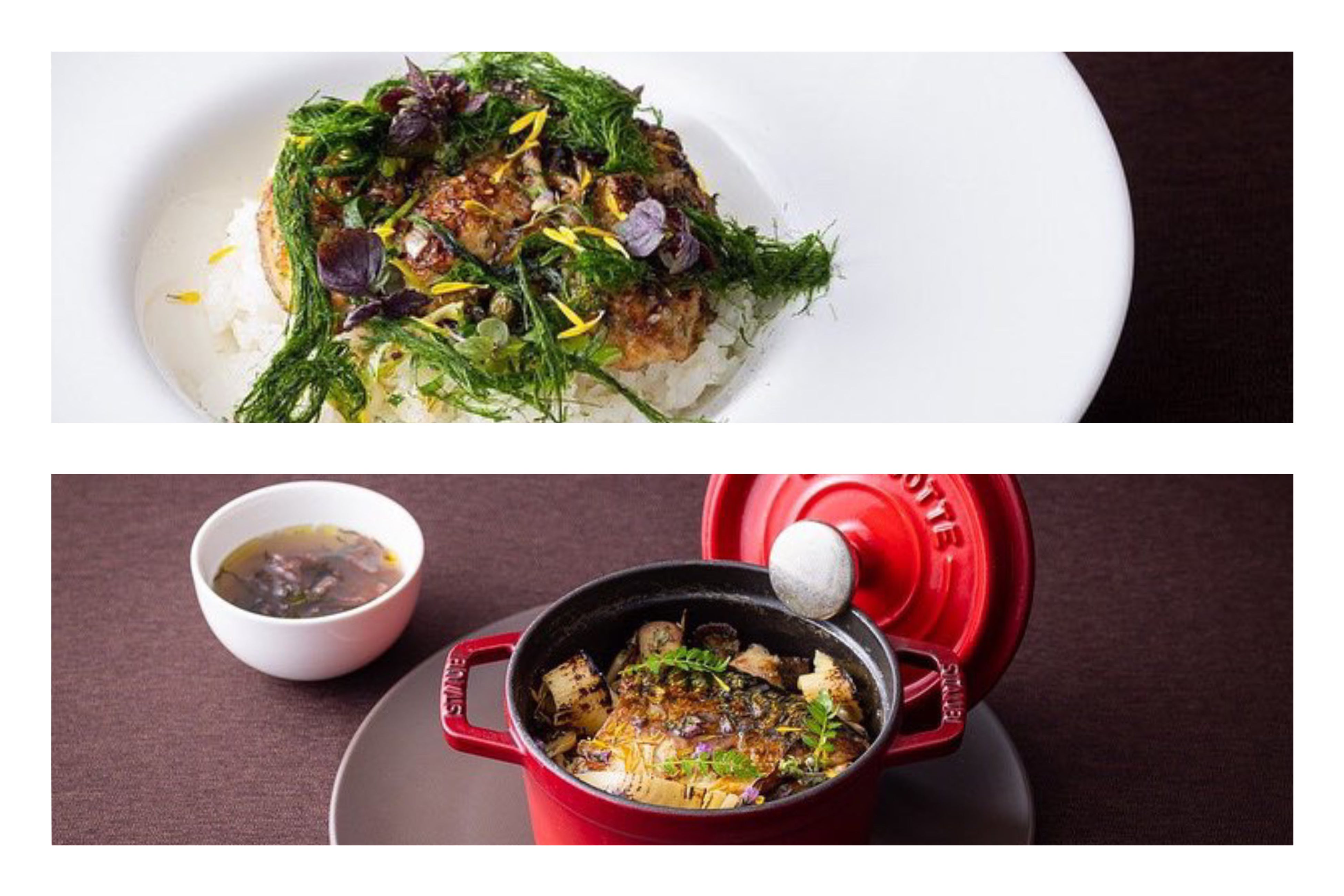 牡蠣のムニエルとすじあおのりのご飯（左）／ 金華鯖と炙り筍 キノコのボルドレーズの炊き立てストウブご飯（右）