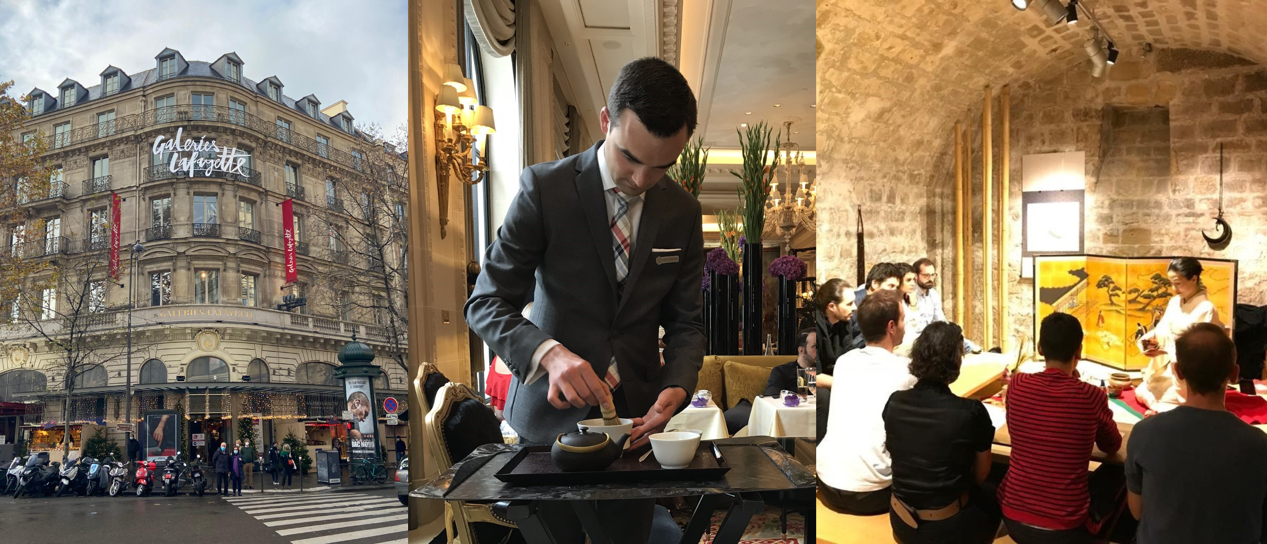 (写真左から) パリ 老舗百貨店 ギャラリー・ラファイエット／パリ 5ツ星ホテル Four Seasons Hotel George V／パリ店地下  茶禅ギャラリー お茶アトリエの様子