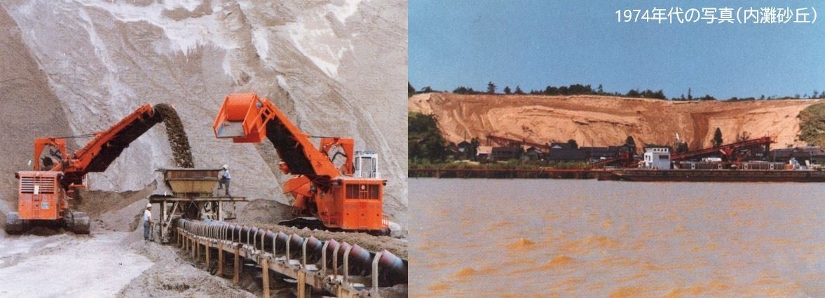 標高50mの内灘砂丘から砂が大量に削られる様子 出典：飯田淳一（平成15年）「干拓の記」（北陸農政局河北潟干拓建設事業所編集・発行）をhtml化