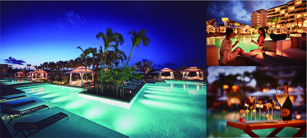 「ナイトプール with ペリエ ジュエ」の舞台になる、2020年新設のサンセットプール。プールサイドには、ラグジュアリーなカバナ（テントスタイルのプライベートスペース）が点在し、リゾート気分を演出。