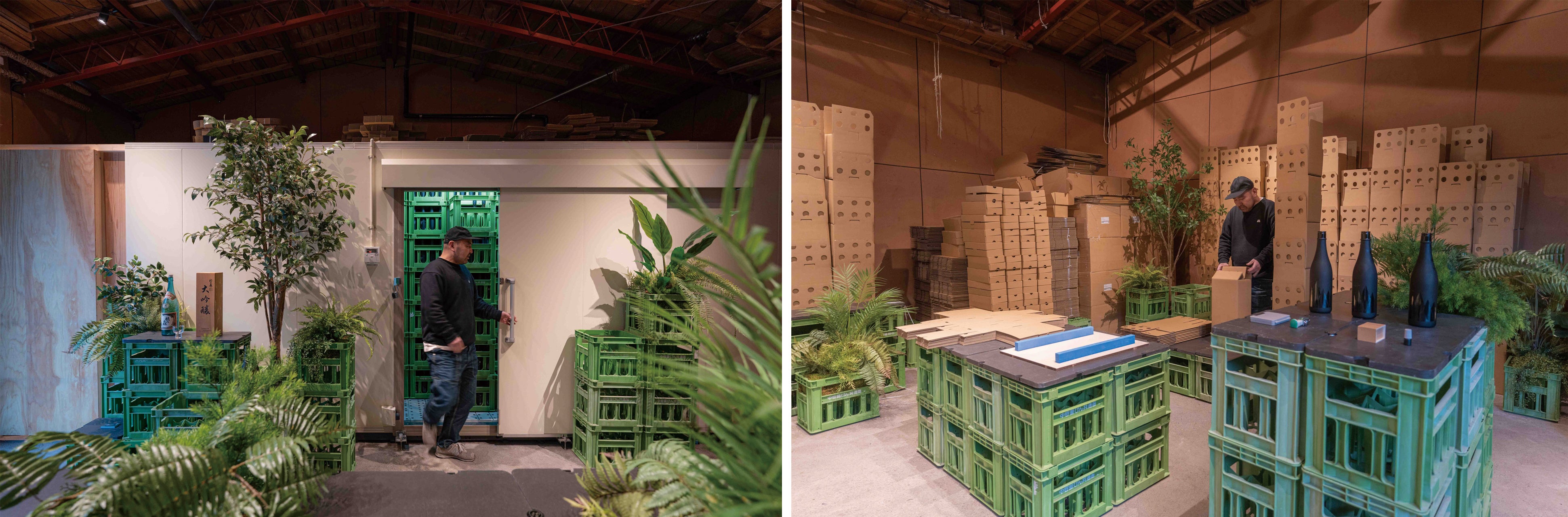 (左)日本酒保管用の冷蔵室 (右)出荷用の作業風景