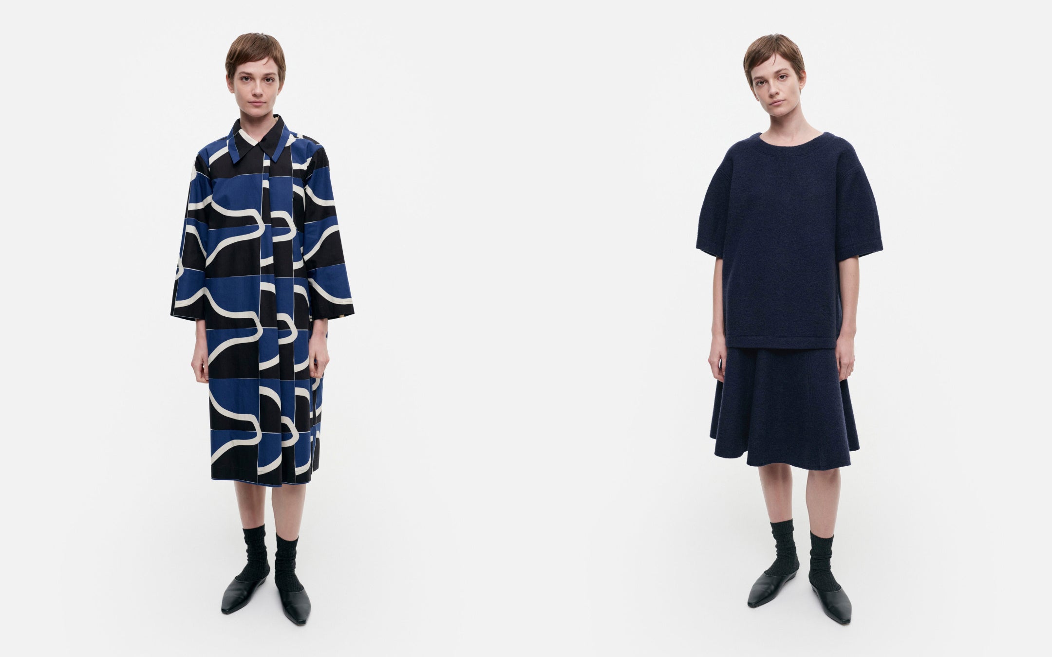 (左) Rappu ワンピース ￥57,200 (右) Solid トップス ￥44,000 Solid スカート ￥46,200