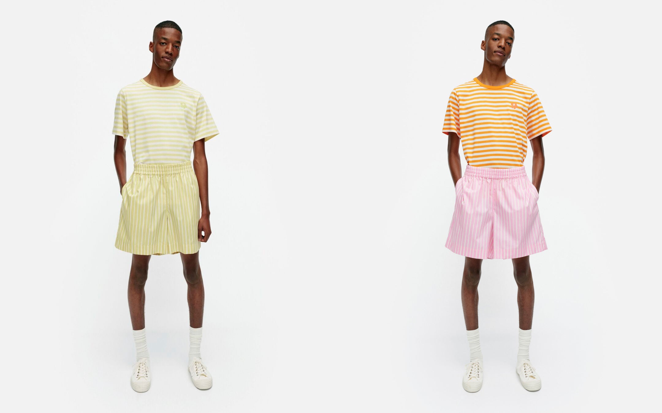 (左) Tasaraita カットソー ￥22,000 Piccolo パンツ ￥36,300&nbsp; (右) Tasaraita カットソー ￥22,000 Piccolo パンツ ￥36,300