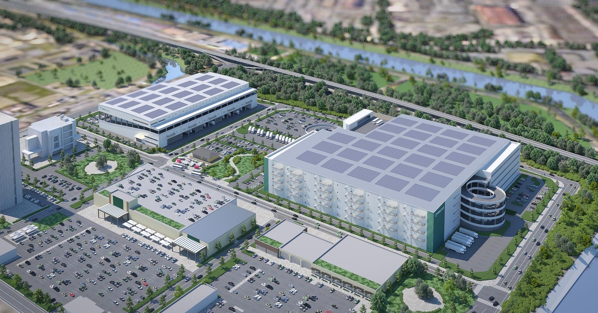 「東海太田川駅西土地区画整理事業」区域内に計画されている 「プロロジスパーク東海1（右）」と「プロロジスパーク東海2（左）」（完成予想図）