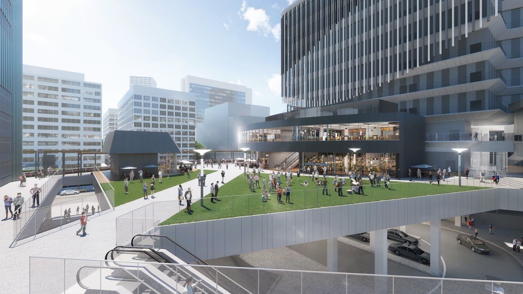 駅前広場上空デッキ（ミント神戸前から南西を望む）　※パースはイメージであり、今後の設計及び関係機関との協議により変更となる場合があります