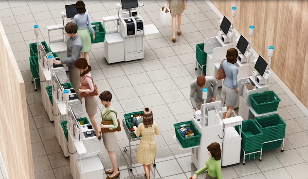 ▲設置スペースが狭い店舗でも十分な台数のフルセルフレジが設置可能