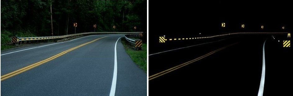 3Mの路面標示材を使った道路の見え方の比較例：昼間（左）、夜間（右）