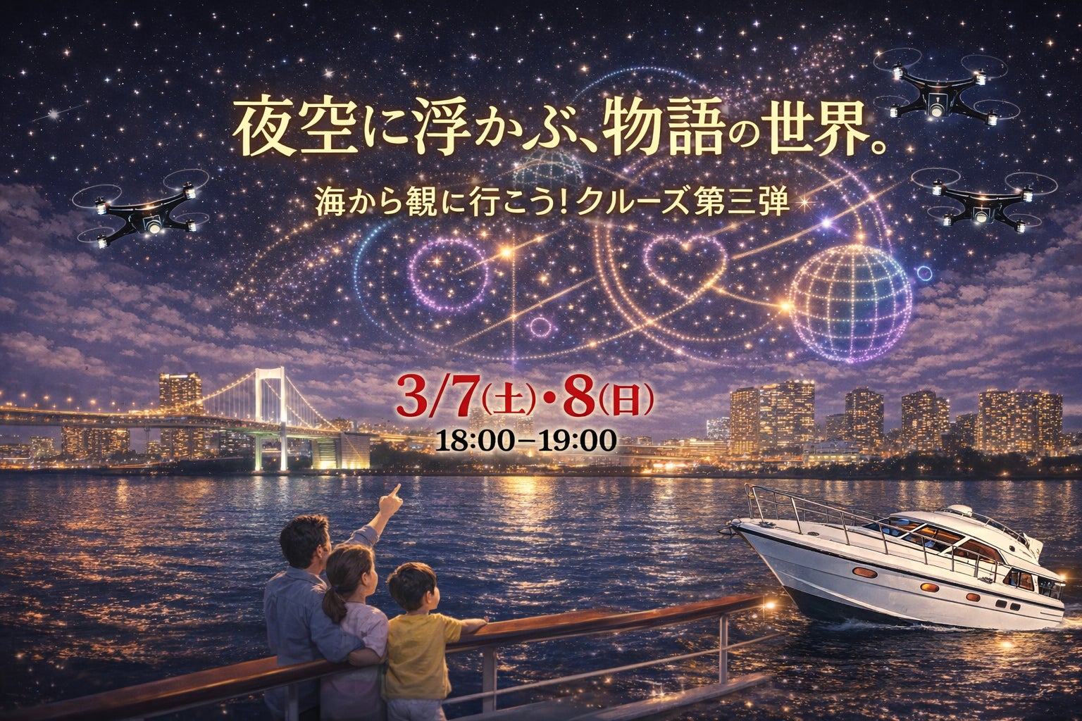 3月7日・8日、お台場の夜空を彩る話題のドローンショー! 夜空に浮かび上がる、誰もが知る物語の世界。「海から観に行こう!クルーズ」第三弾を運航 | 株式会社ジールのプレスリリース