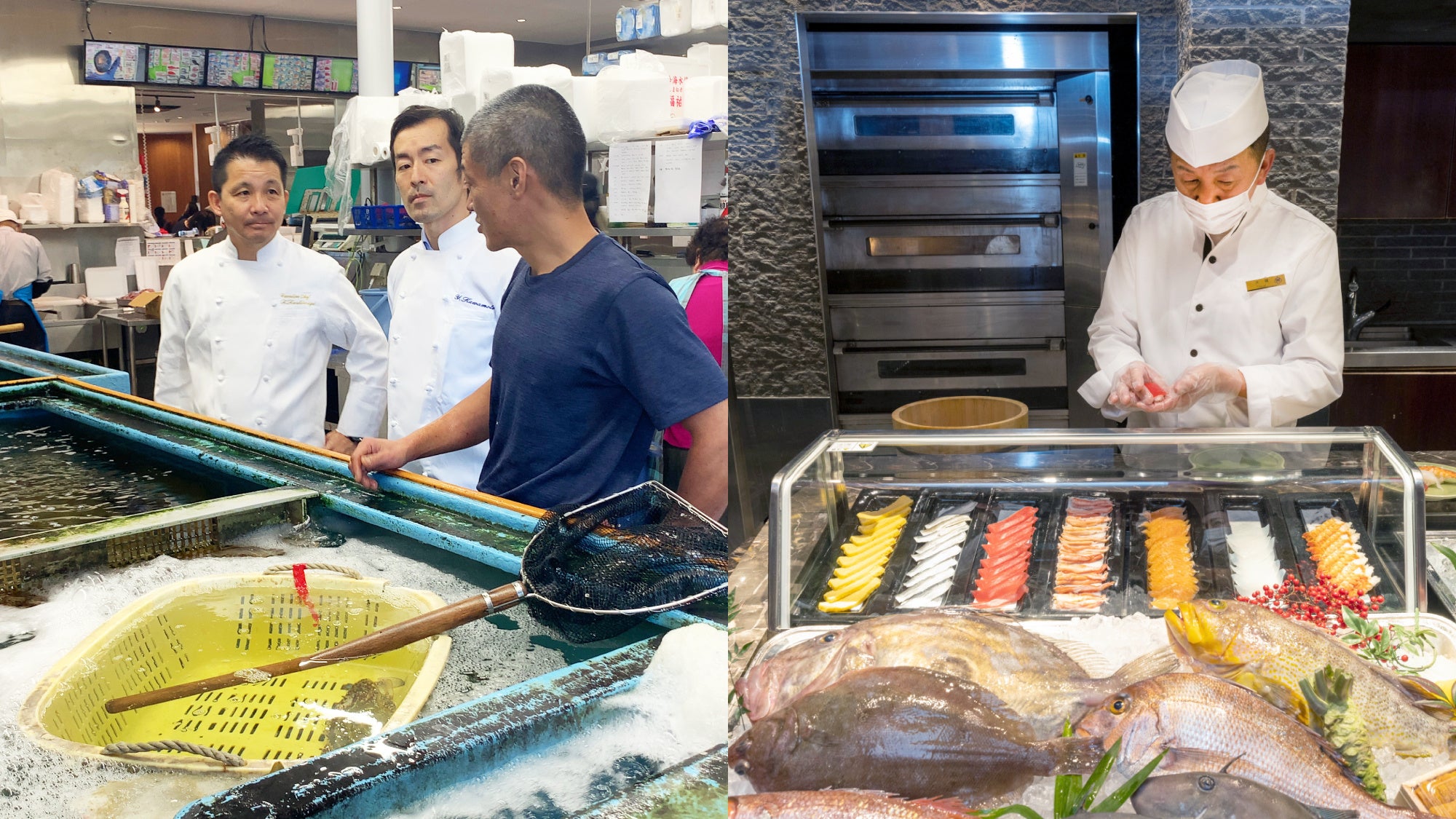 （左）シェフの富山県視察の様子、（右）握り寿司コーナーイメージ