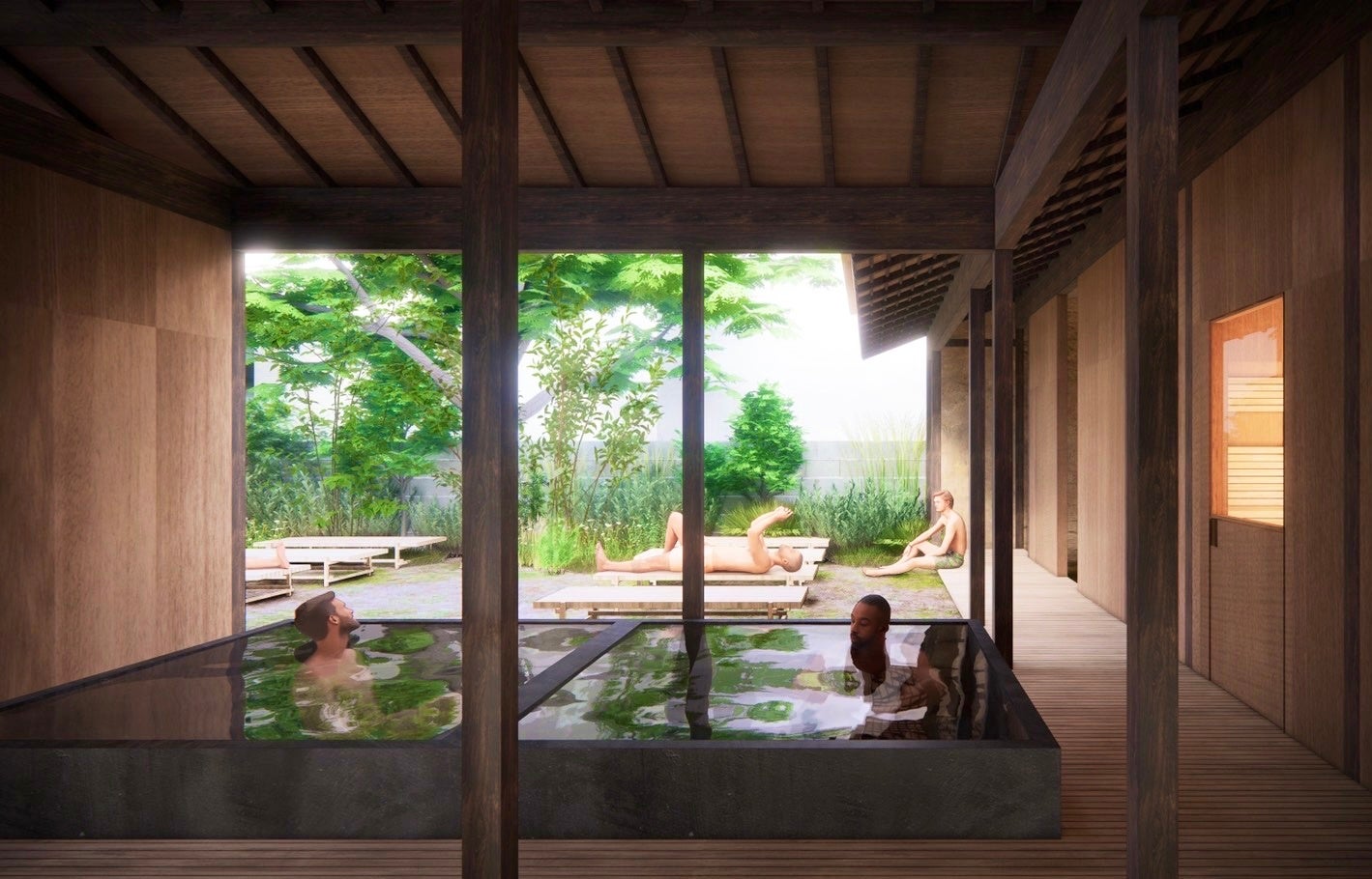 ２種（8℃、16.5℃）の天然地下水の水風呂と日本最大級70㎡の外気浴スペース