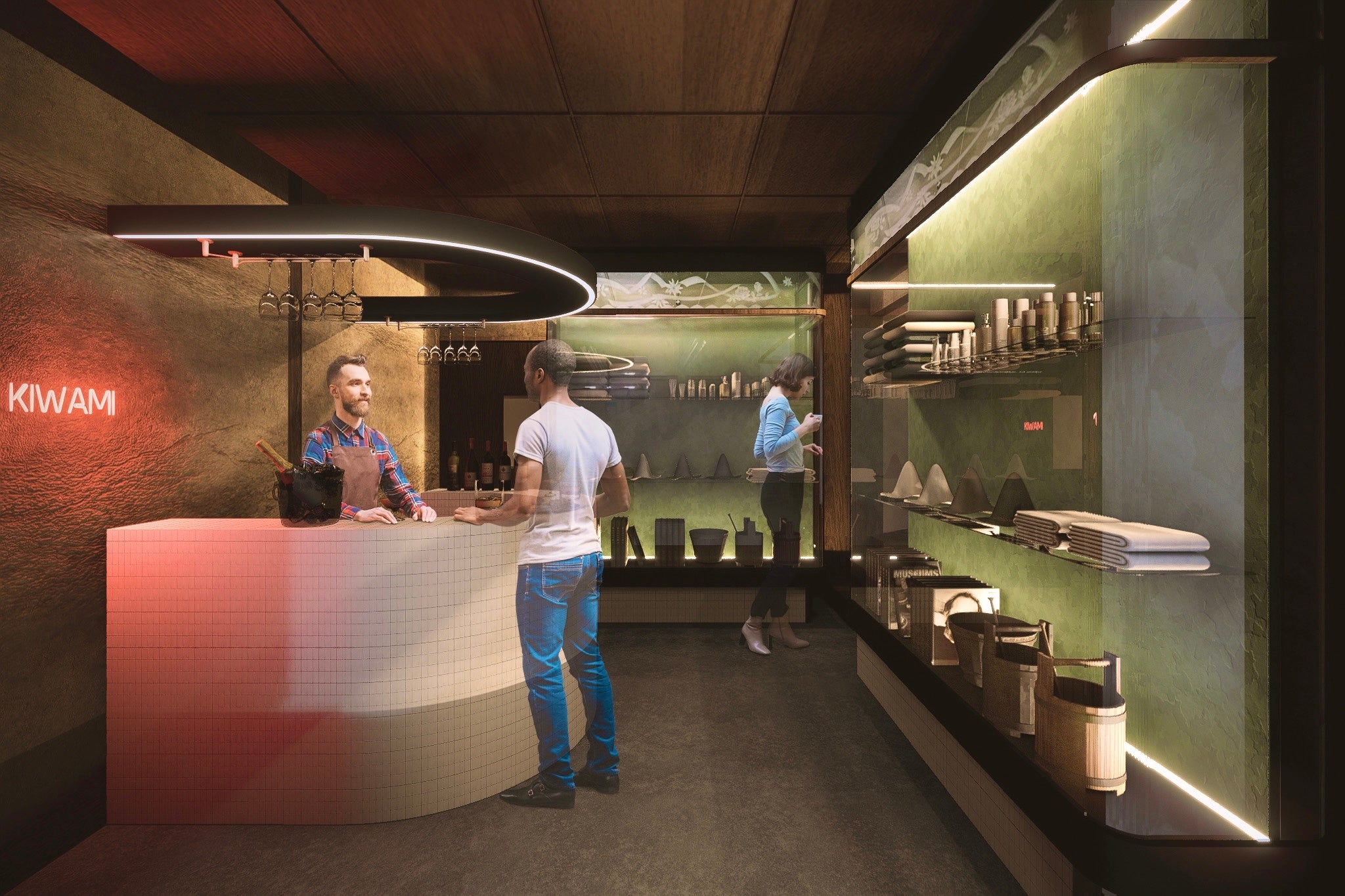 エントランスはバーカウンター機能も併設。巨大ショーケースでサウナアイテムの販売も行う。