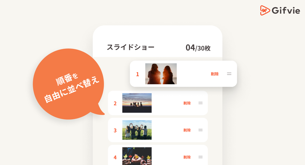 アップロードした写真の順序は、自由に入れ替えられます。