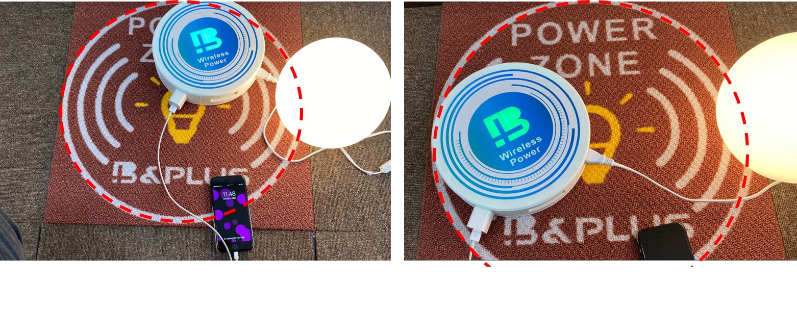 大型タイプは送電スポット（赤点線枠内）を広く取る事が出来る為、位置ズレ自由度が高い。