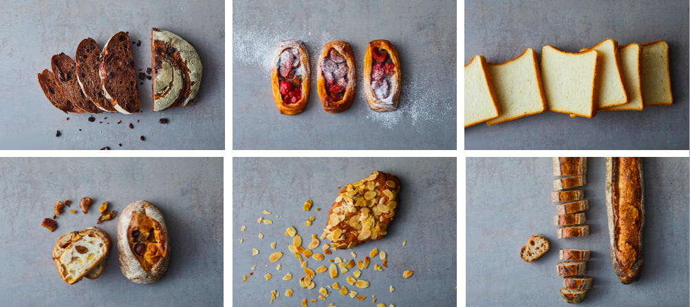 左上から）チョコメック　￥464 、ルバーブのデニッシュ　￥324、パンドミ　￥349 、左下から）渋皮つき栗と柚子のパン　￥421、クロワッサン・オ・ブール　￥216、バゲット　￥280