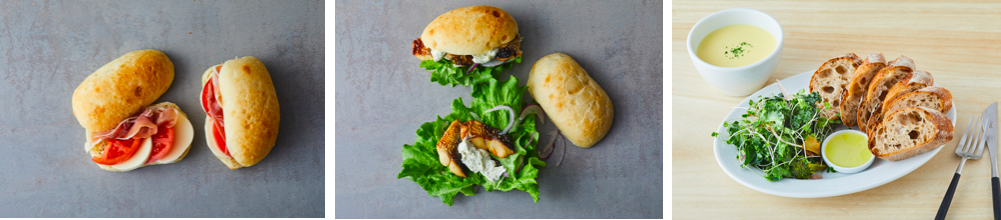 左から）トマトと北海道モッツァレラチーズ生ハム添え　￥496、サバサンド　￥496、サラダランチセット　￥660