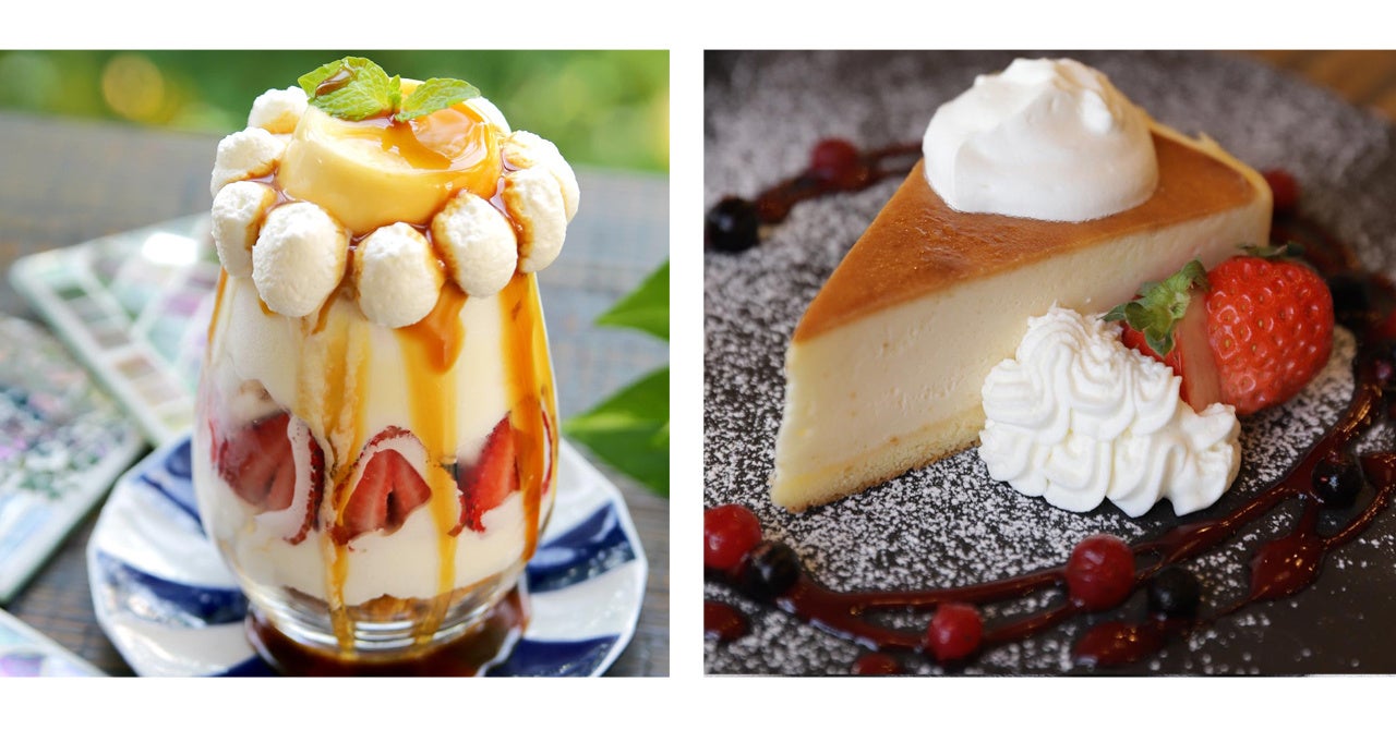 なめらかプリンのアラモードパフェ　￥950／濃厚！バスクチーズケーキ￥700