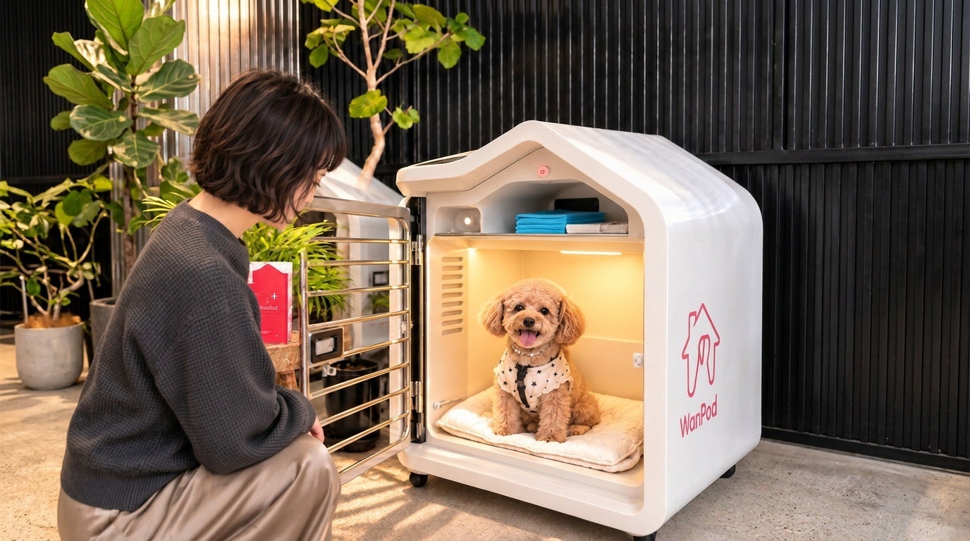 愛犬連れでも「お風呂を諦めない」見守りカメラ付きスマートドッグハウス「WanPod」が大阪・WHATAWONに登場