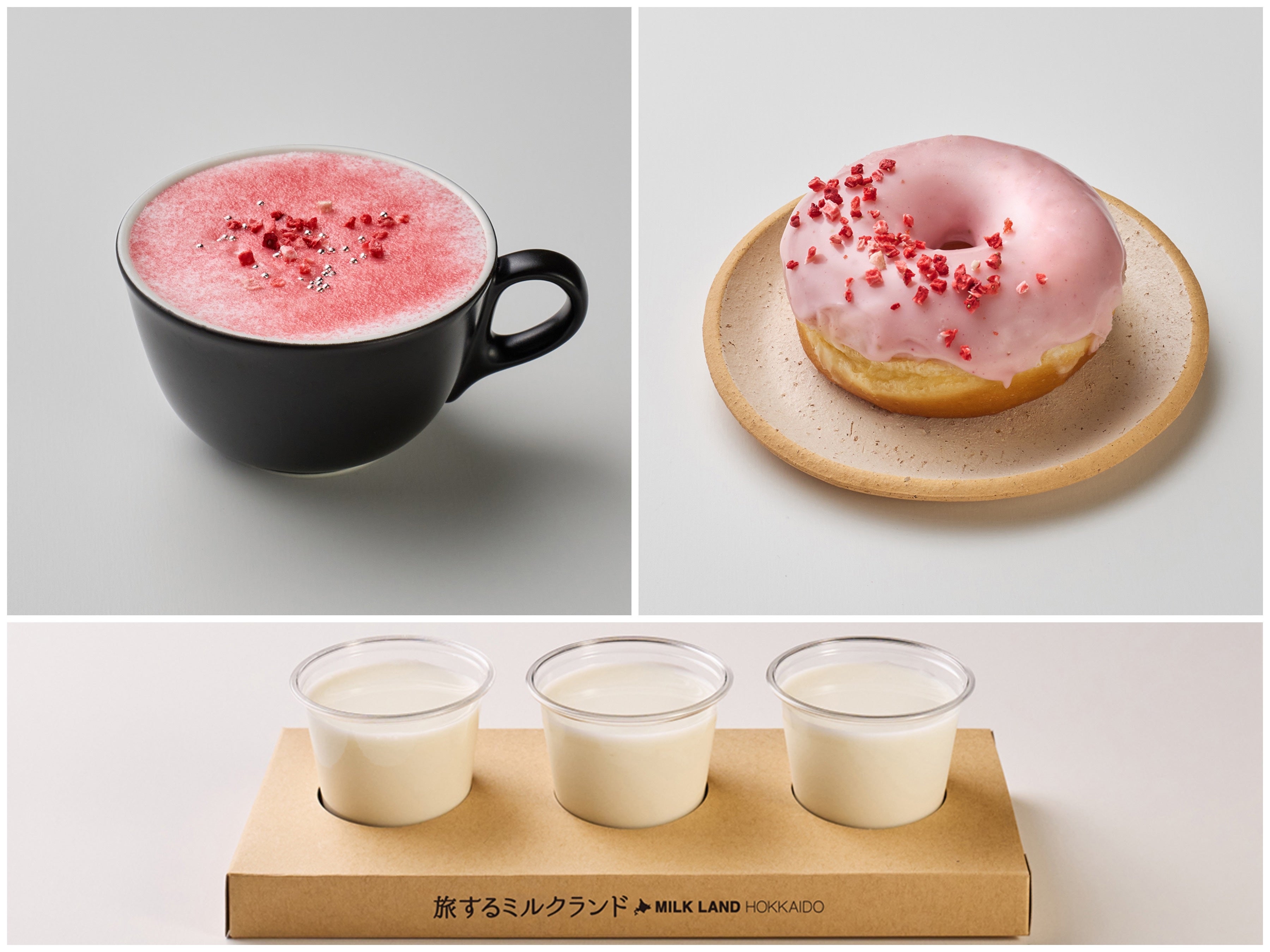 (左上)さくらといちごのホットミルク(右上)いちごミルクドーナツ