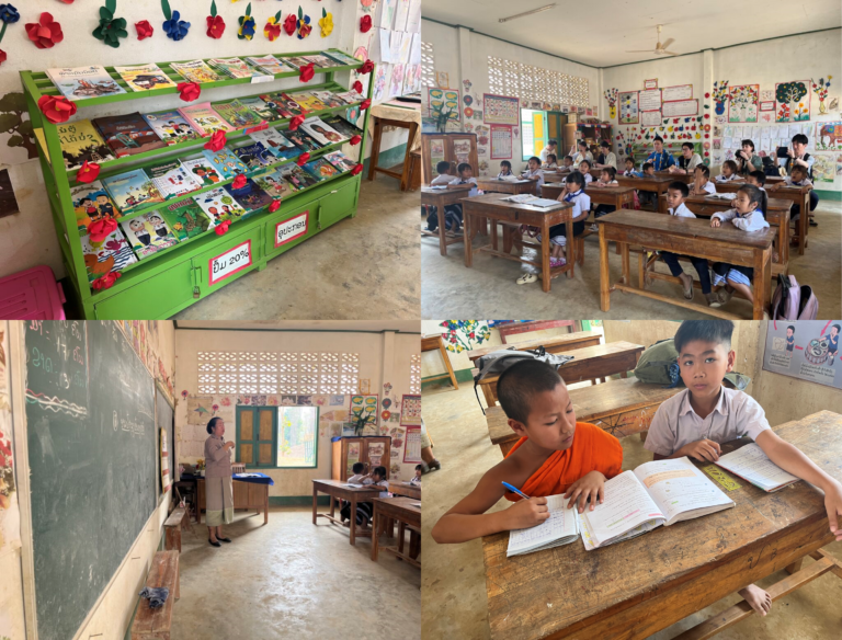 識字教育の授業では、小学校１年生が文字の組み合わせを学び、単語を大きな声で読み上げていました。この小学校では、ルーム・トゥ・リードのプログラム実施以来、本の貸し出し数が飛躍的に上がりました。コミュニティを巻き込んでプログラムの持続可能性も探っています。