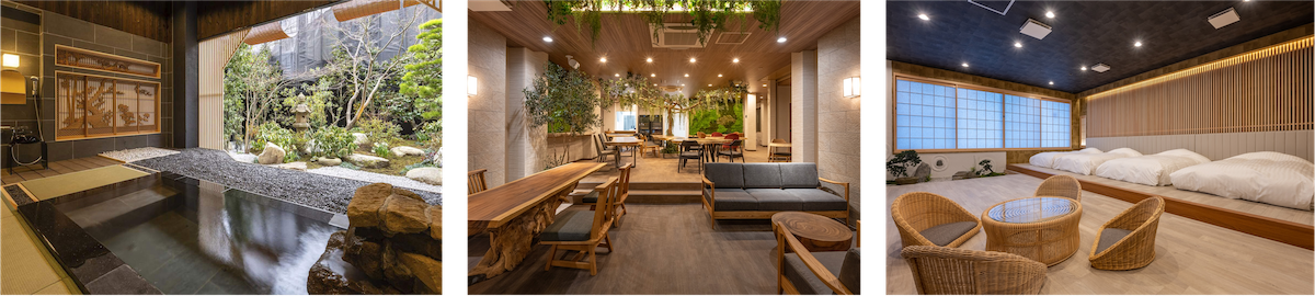 陣屋コネクトとRemoteLOCKの連携による運用を先行開始した湯村温泉 緑屋。写真は左から石原和幸氏プロデュースの庭園付露天風呂、緑や花が溢れるロビー、広々とした客室（ファミリールーム）