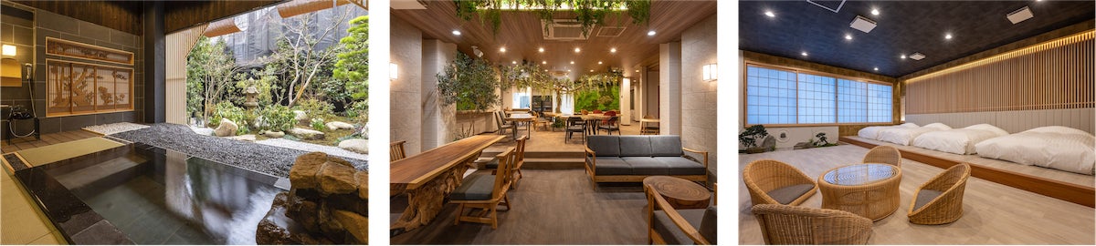 陣屋コネクトとRemoteLOCKの連携による運用を先行開始した湯村温泉 緑屋。写真は左から石原和幸氏プロデュースの庭園付露天風呂、緑や花が溢れるロビー、広々とした客室(ファミリールーム)