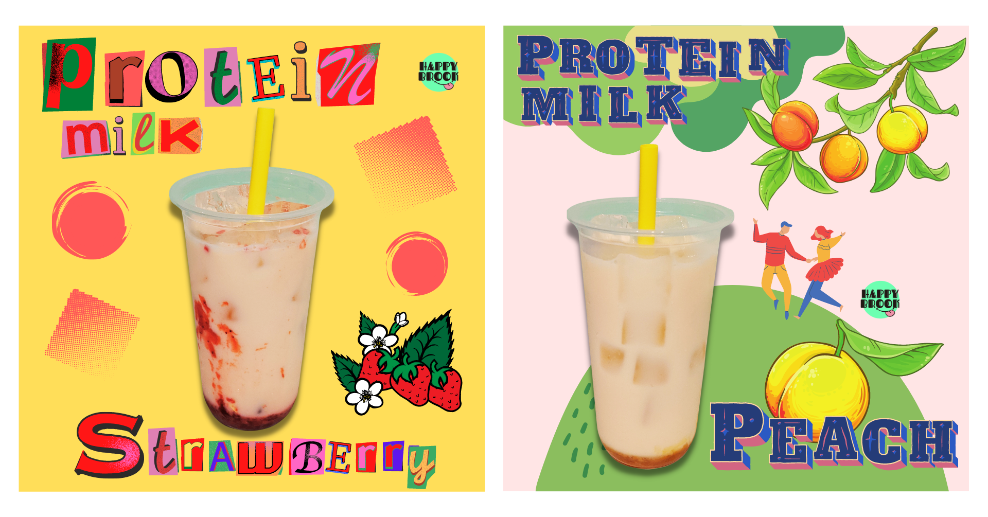 PROTEIN MILK ストロベリー(左)、ピーチ(右)　各290円　1杯あたり24gのタンパク質が摂れる！