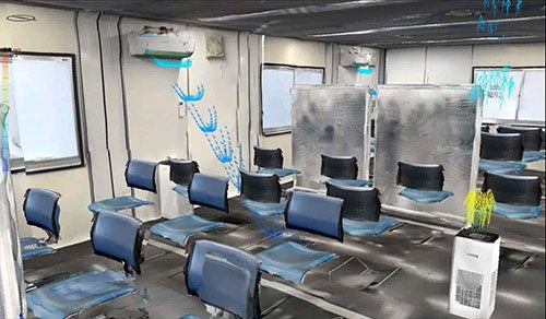 3Dモデルに流体シミュレーション結果を合成 〈風速を色表示　青(遅い)～赤(早い)〉