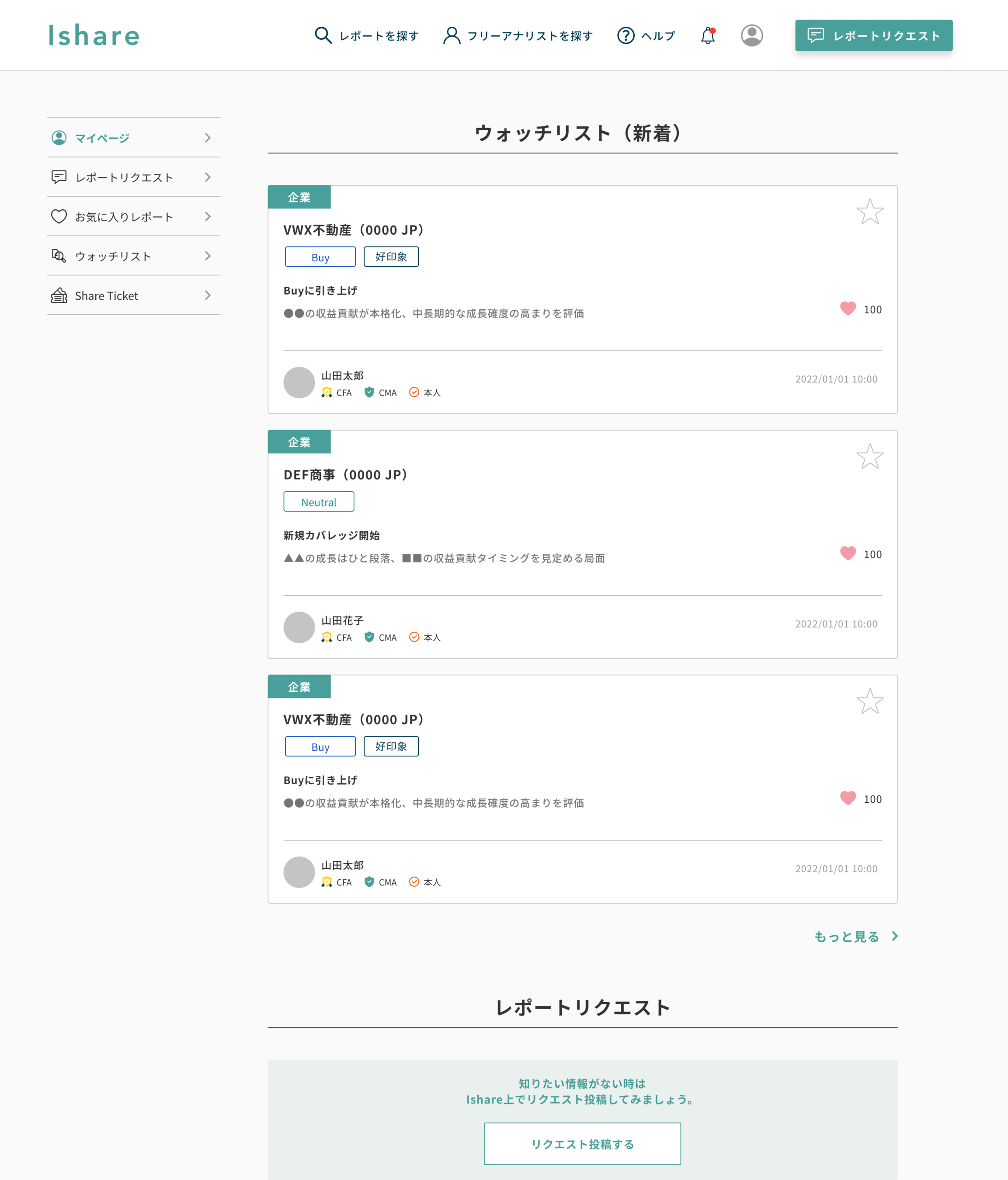 マイページ_登録インベスター_ウォッチリスト画面