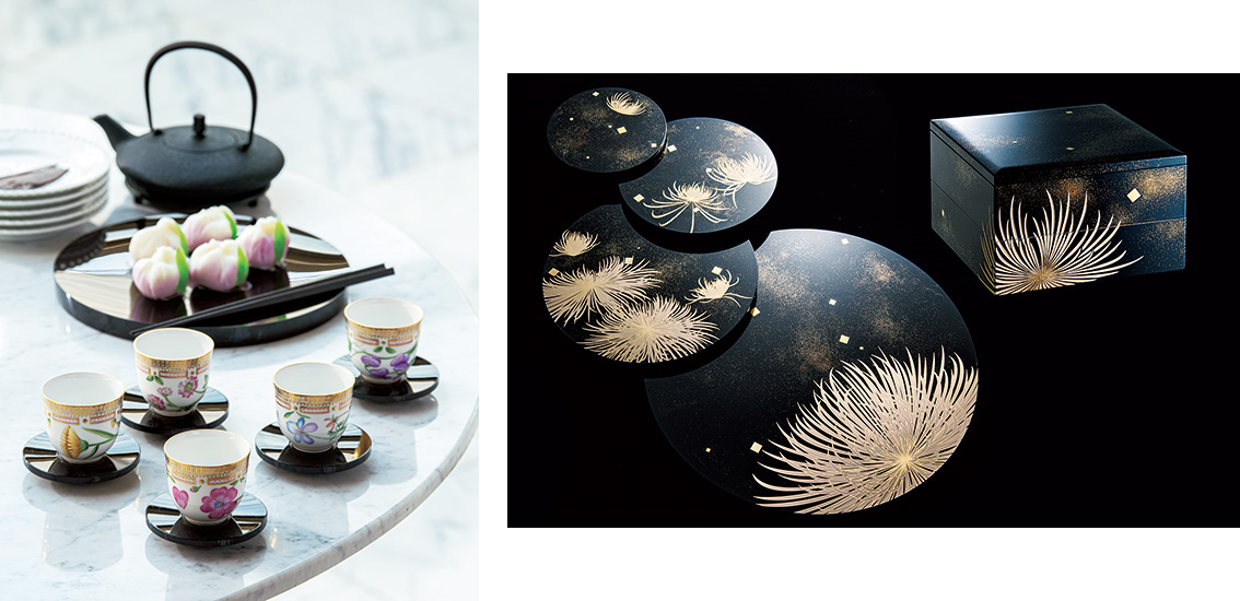 左から）2020年　家庭画報×香川漆芸×ロイヤル コペンハーゲン、2021年   家庭画報×香川漆芸×髙田賢三