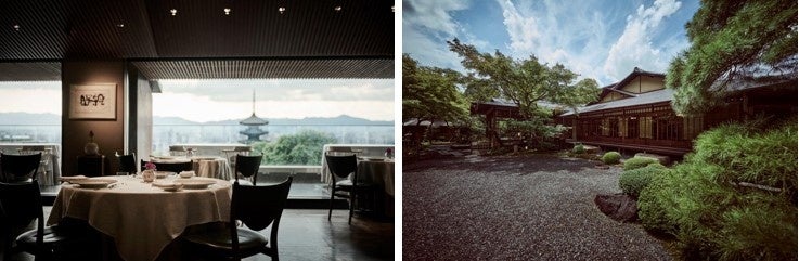 正統なるフランス料理をご提供する「レストランひらまつ 高台寺」（左）と、数寄屋建築と庭園が美しい料亭「高台寺 十牛庵」（右）。