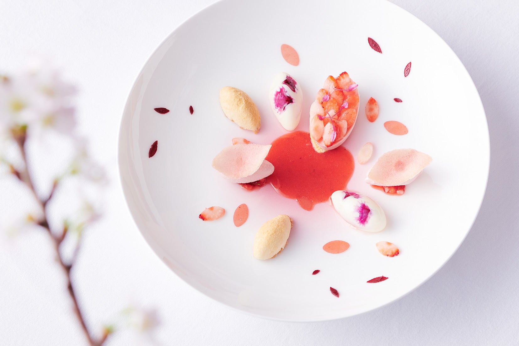 フロマージュブランのムースと苺ジュレとマルムラード 桜の香りのガボット 苺とシャンパンのソースと共に