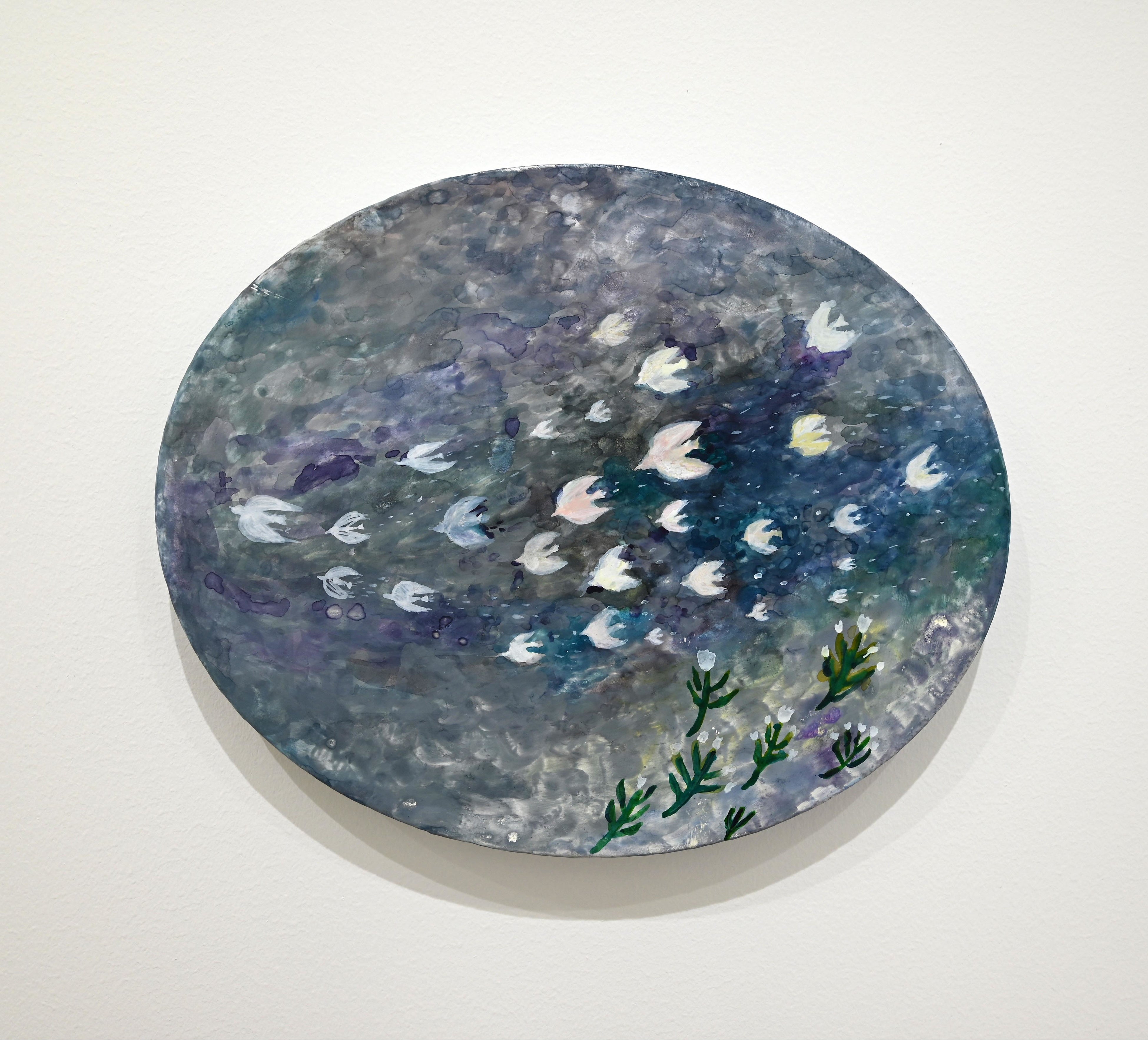 久保晶, 飛ぶ鳥たち, 2022年, パネルに胡粉地, 水彩, 22x27.3cm