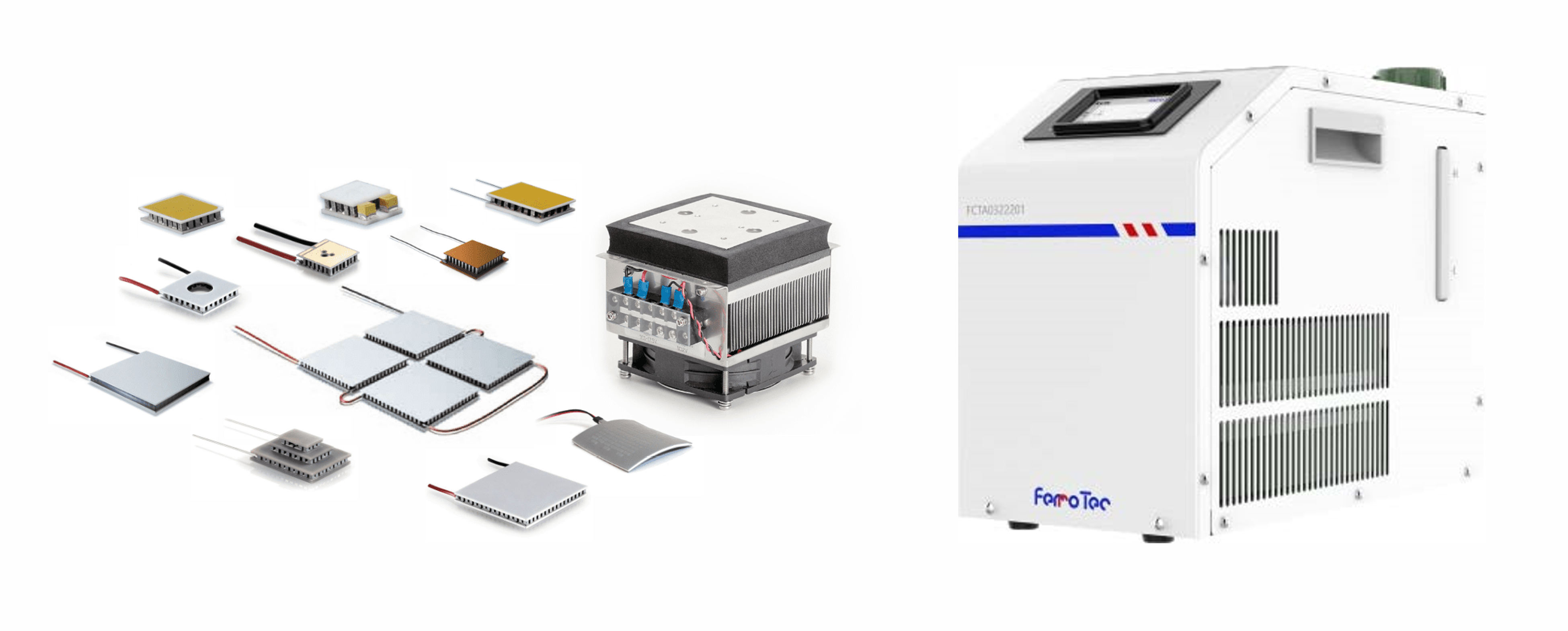 左：豊富なラインナップのサーモモジュールと標準アセンブリ品 ・ 右：サーモモジュール式チラー『FerroCool』