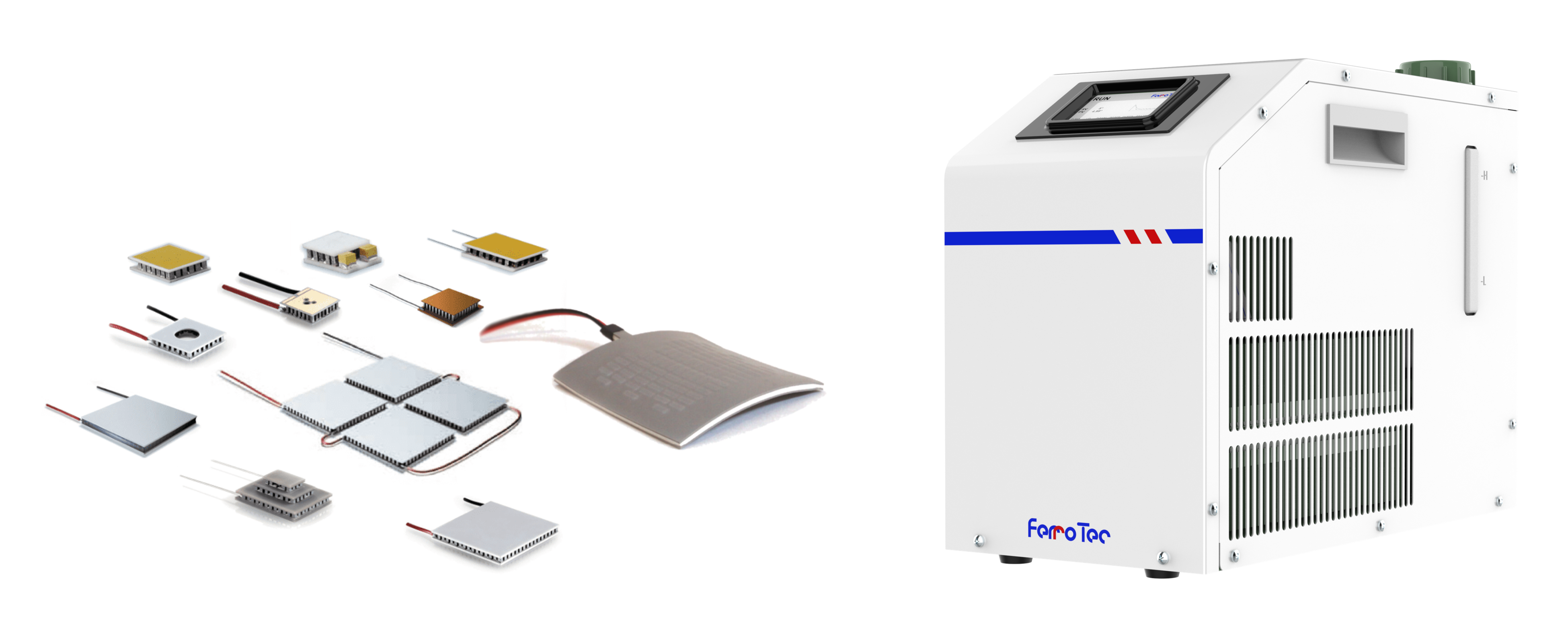 左：豊富なラインナップのサーモモジュール ・ 右：サーモモジュール(ペルチェ)式チラー『FerroCool™』
