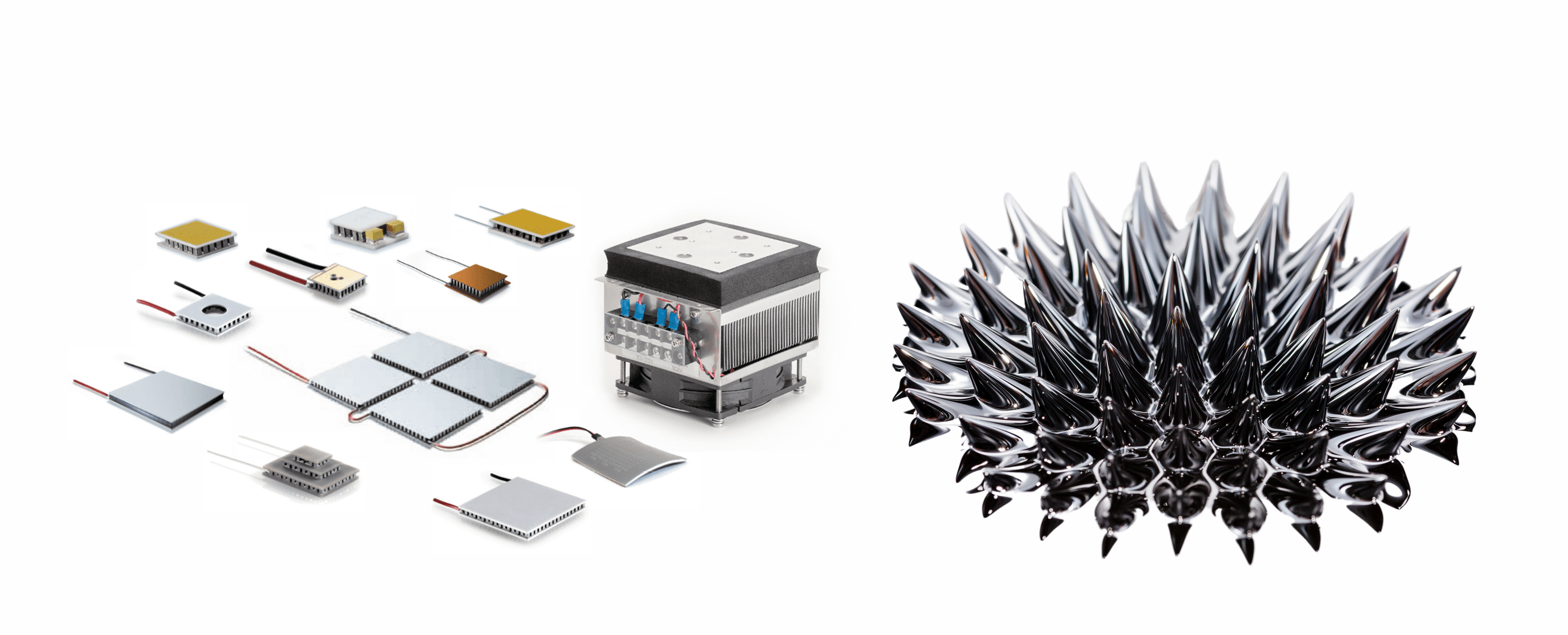 左：豊富なラインナップの「サーモモジュール」やアセンブリ(組み立て品) ・ 右：磁力に反応する液体「磁性流体」に磁石を近づけた時の様子