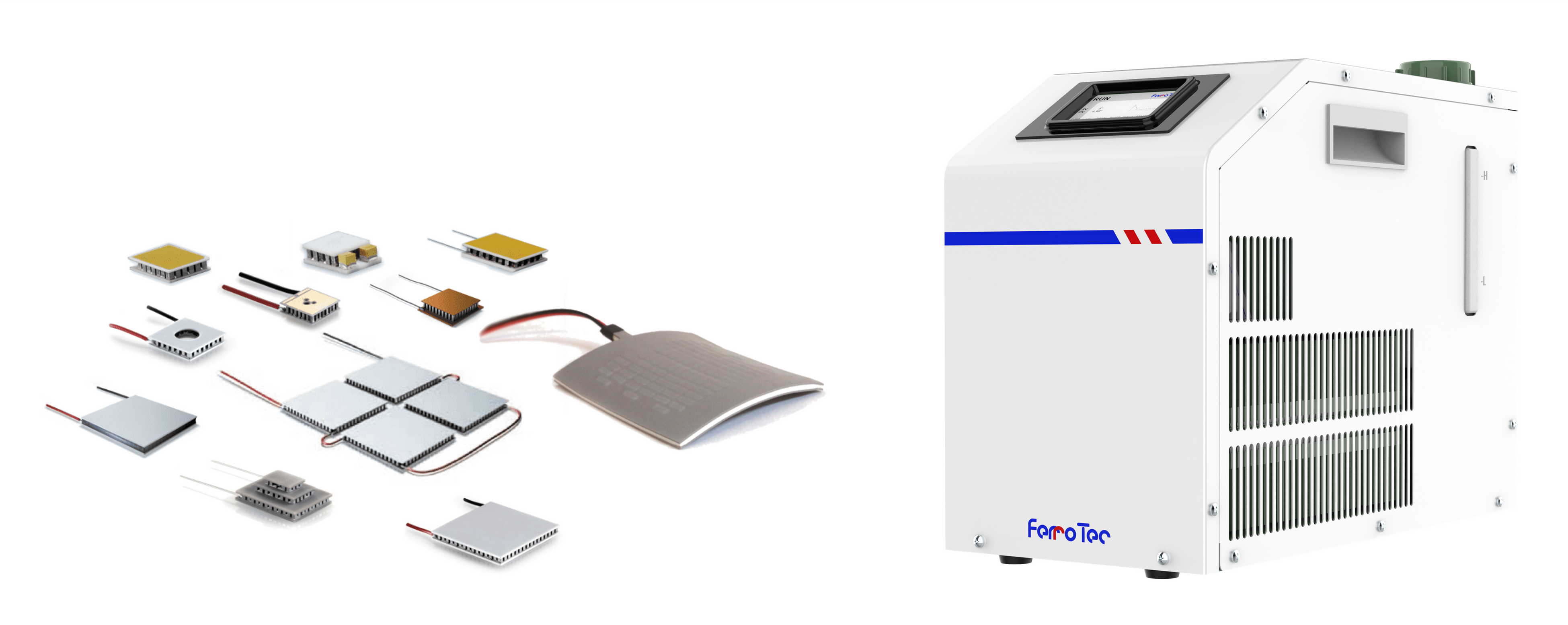 左：豊富なラインナップのサーモモジュール ・ 右：サーモモジュール(ペルチェ)式チラー『FerroCool®』