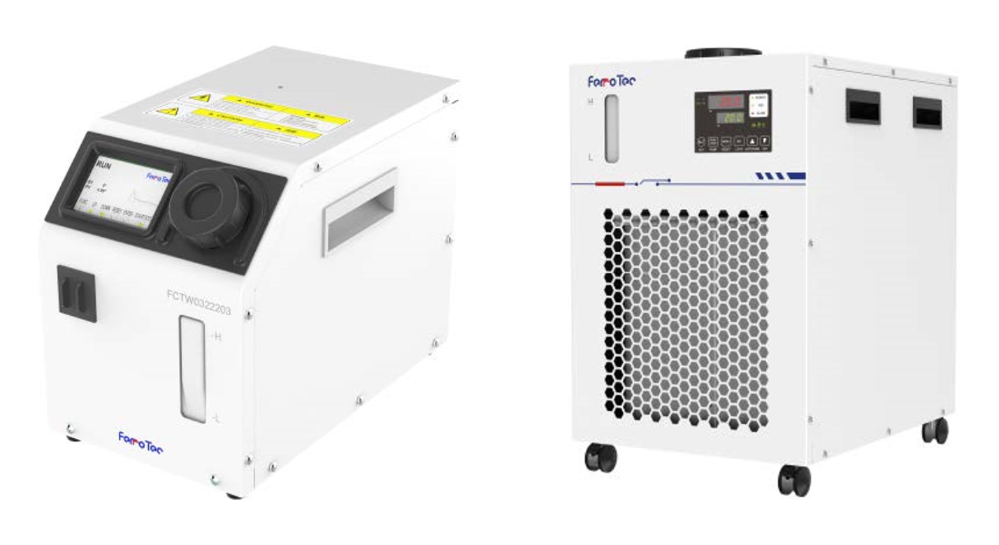 左) サーモモジュール(ペルチェ)式チラー・右) コンプレッサー式チラー