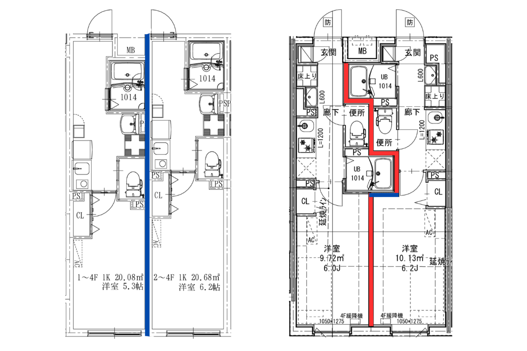 一般的なプラン（左）と明豊オリジナルプラン（右）※青色＝コンクリート、赤色＝乾式耐火遮音壁　間口2.35ｍ以上の住戸が2戸横並びであれば採用可能