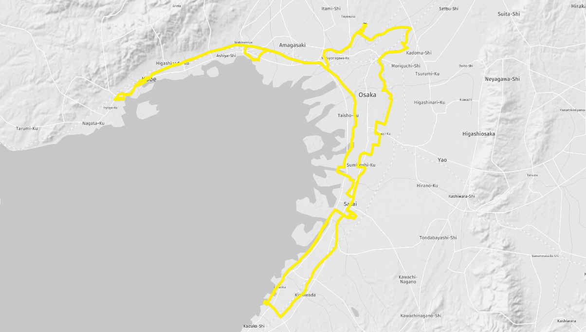 ５つのコースを全て走破すると、大阪エリアの5店舗をぐるっと繋ぐ設定