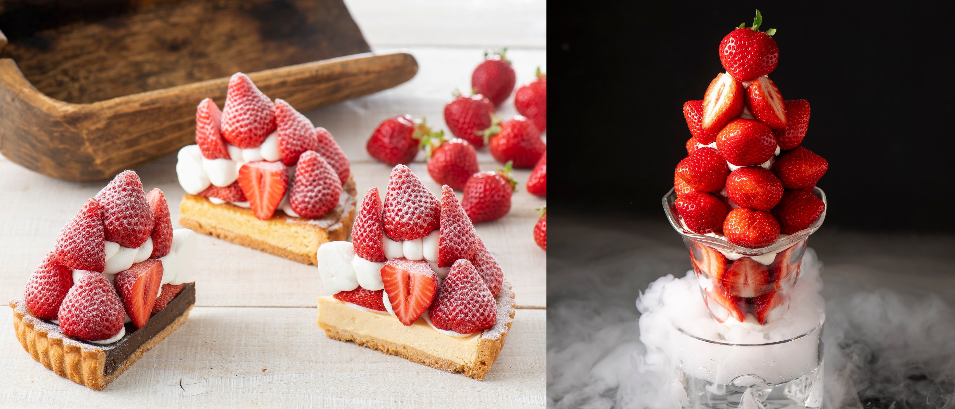 左：あまおうタルト(ダマンド・チーズ・チョコ)　右：朝靄にいちご香るあまおうKINGパフェ