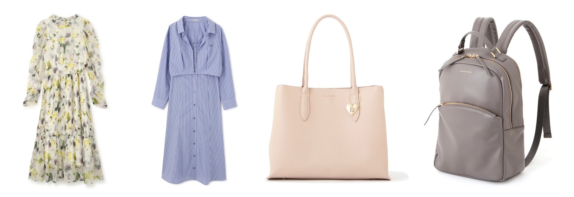 ＜JILL by JILL STUART＞ デジタルフラワープリントワンピース ¥22,000、オリジナルシャツシリーズ ¥21,450、NEW ME WORK（トート）¥13,970、NEW ME WORK（バックパック）¥12,650 ※すべて税込