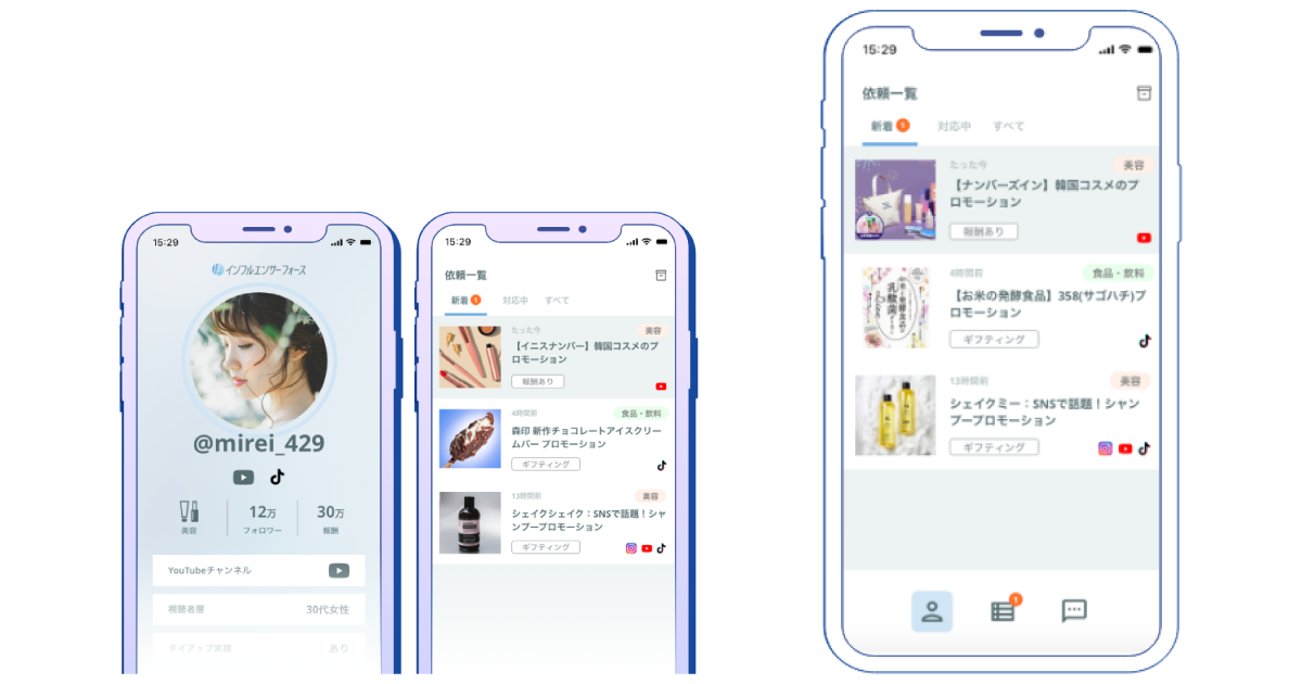 インフルエンサーフォースのアプリ画面