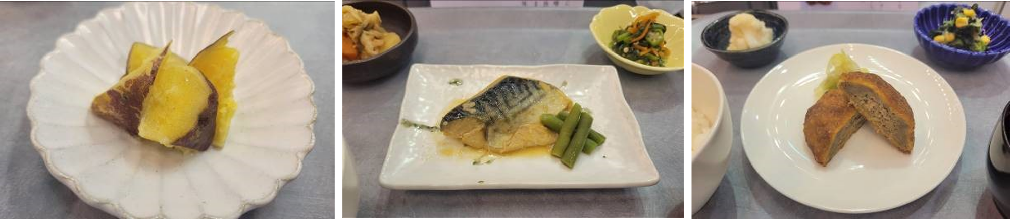 （左から）さつまいものミルクバター、鯖の三種味噌煮、メンチカツ