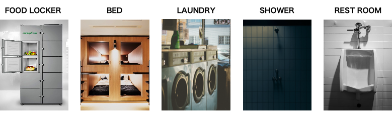 ＜MOMPは、⻑期滞在やワーケーションでの利用を想定して快適性を高めるために、滞在に必要な機能を充実させています。※設置場所により機能は異なります。※ビジネスホテル感覚で自然で過ごせるMOMPホテルも展開予定＞