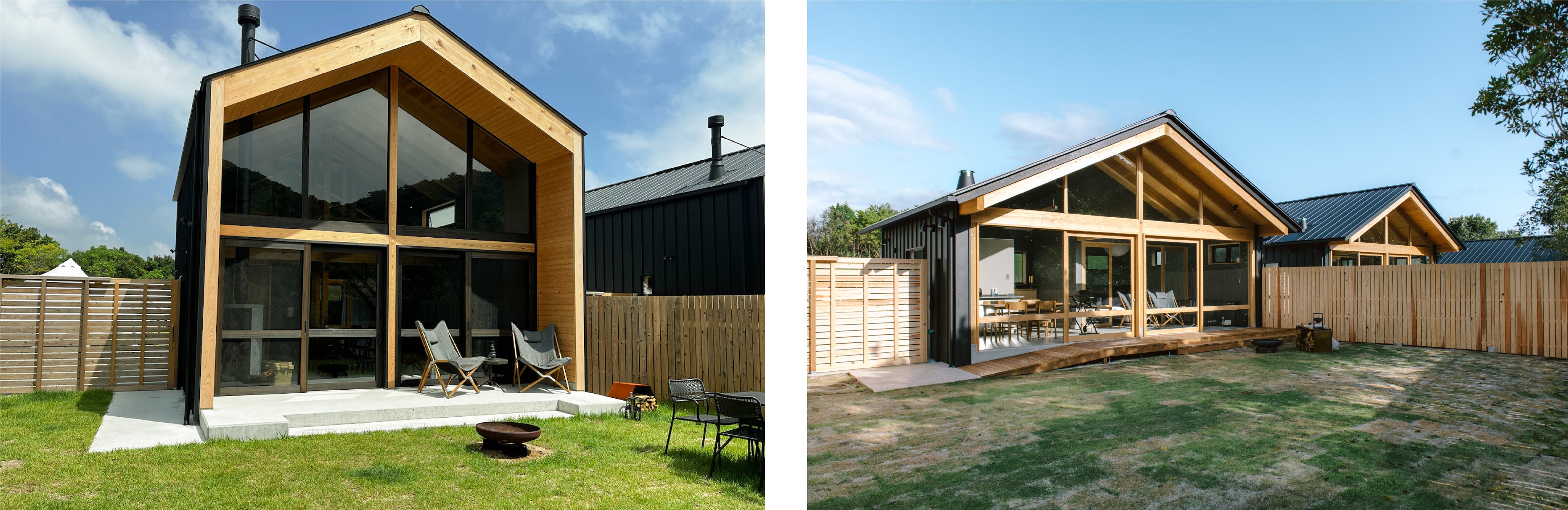 （左）ノルディックキャビン、（右）プライベートキャビン　部屋の前の庭はプライベートドッグランとしても使えます